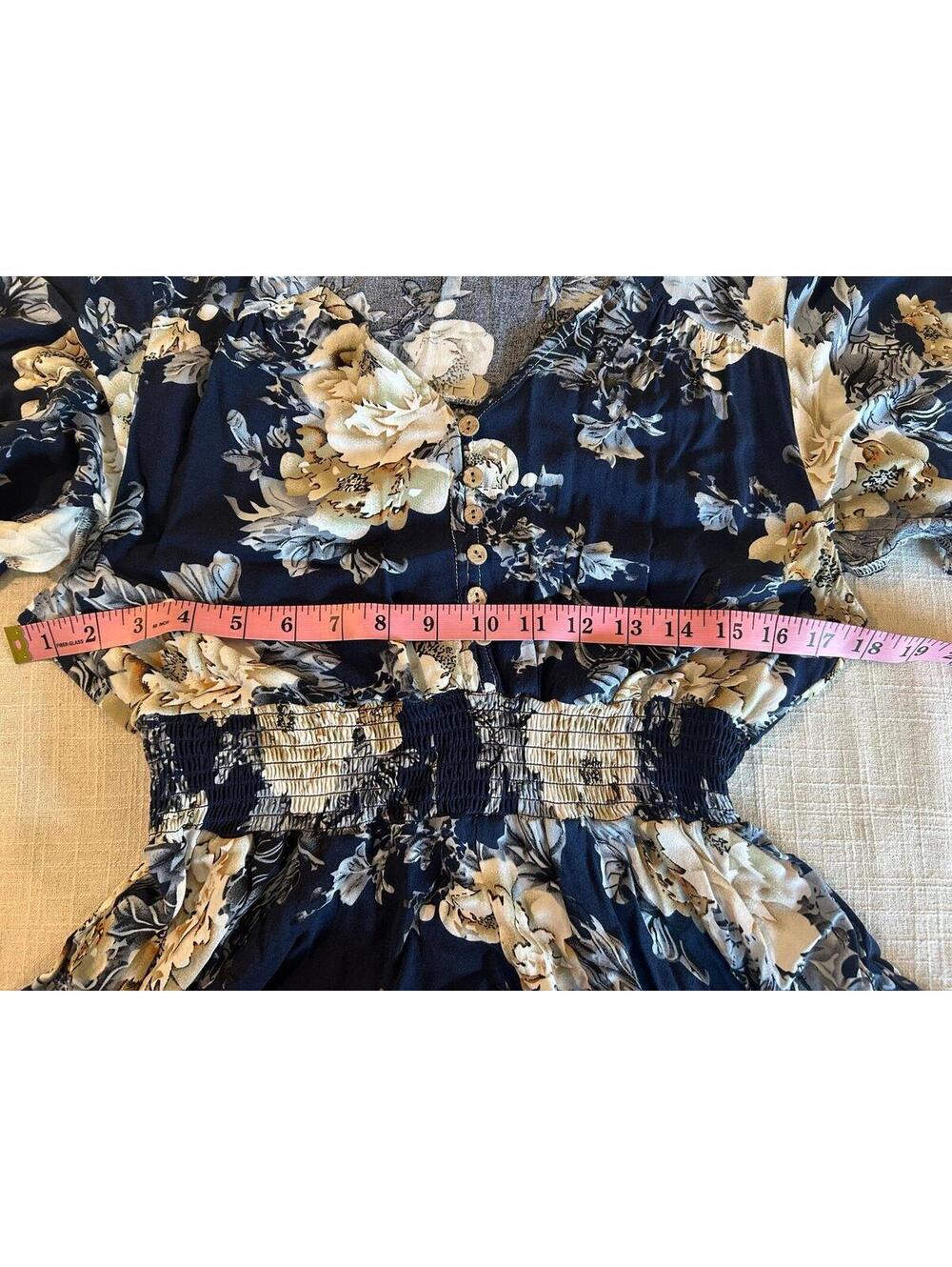 NERLEROLIAN Navy Floral Midi Dress XL Boho Smocked Waist Flutter Sleeve - Picture 6 of 9
